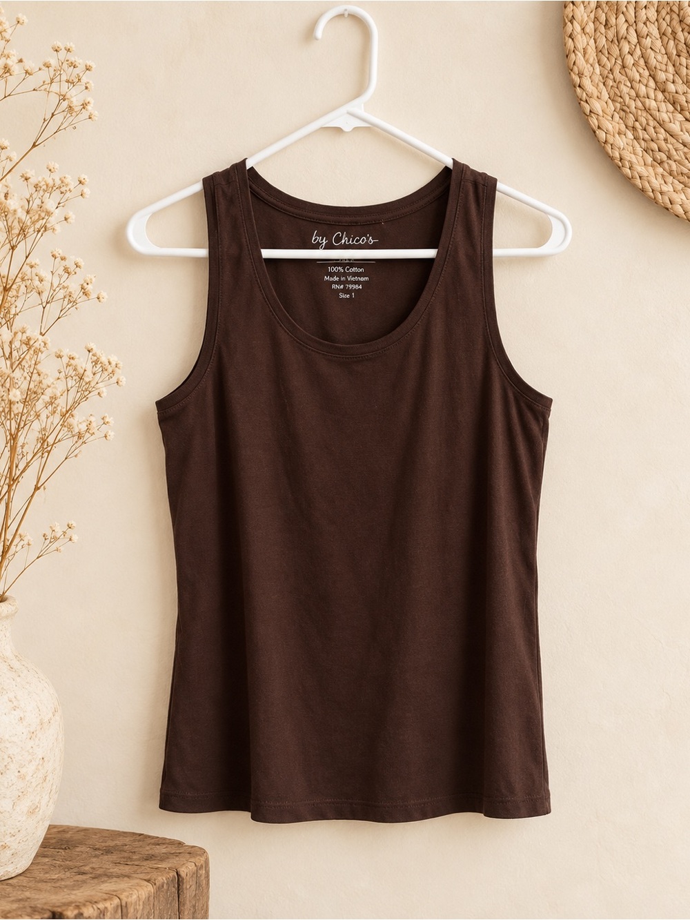 Chico’s Chocolate Brown Cotton Tank Top Size 1 Scoop Neck Boho Basic